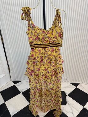Love and Lemons Yellow Floral Tiered Maxi Dress with Black Waistband